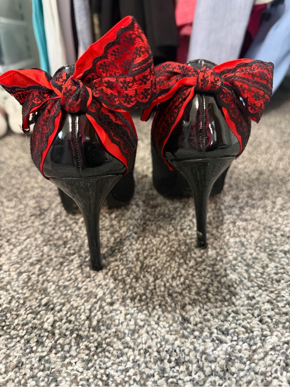 Patent Black High Heel Pumps with Red Lace Bow Accent
